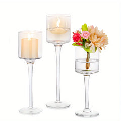 Set of 3 Glass Tall Tea Light Candle Holders, Elegant Clear Long Stem Pillar Candle Holders for Wedding, Party, Home Decor