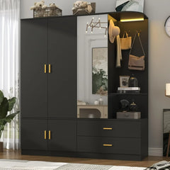 5 Doors Armoire Wardrobe Closet with Sensor Lamp and Mirror, 2 Drawers, 4 Hooks, 2 Hanging Rods, Large Wooden Armoire Closet