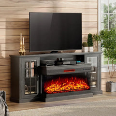 Fireplace TV Stand for TVs up to 85" Media Entertainment Center with Glass Door Closed Storage, 75in 3-Sided Glass Console Table