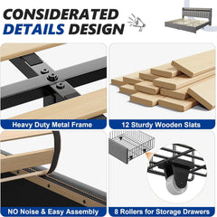 King size bed frame with storage space and headboard, king size bed frame with 2 drawers, noiseless and no need for a spring box