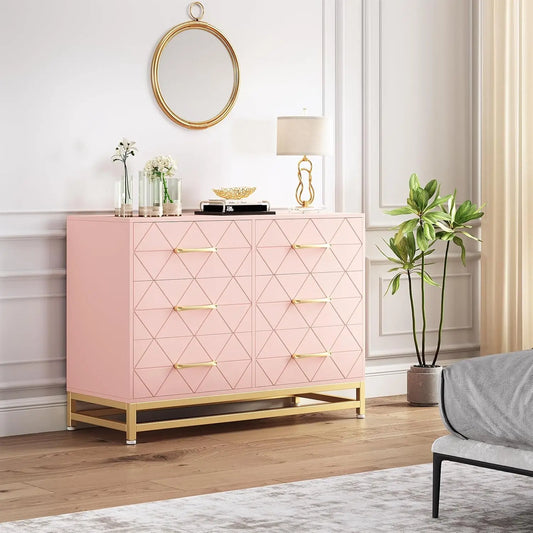 Dresser for Bedroom with 6 Drawer, TV Stand Dressers Chest of Drawers for Hallway Entryway, Pink