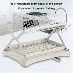 2-Tier Kitchen Counter Dish Drainer Storage Rack Collapsible Dish Bowl Rack Water Cup Organizer with 360° Retractable Drain