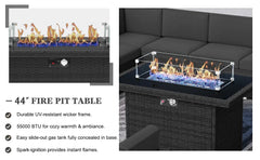 15 Piece Patio Furniture Set with Fire Pit Table, Outdoor Conversation Sets Wicker Rattan Sectional Sofa with Coffee Table