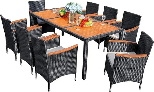 9 Piece Patio Dining Set Outdoor Acacia Wood Table and Chairs with Soft Cushions Wicker Patio Furniture for Deck, Backyard