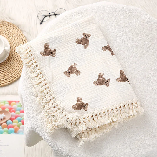 Cute Bear Muslin Squares Cotton Baby Blanket for Newborn Plaid Infant Swaddle Blanket Babies Accessories Bed Summer Comforter