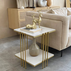 Decorative Art Coffee Table Large Double Layer Marble Top Sofa Side End Table Storage Gold Pole Legs