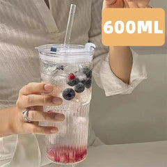 600ml Stripe Glass Cup Transparent Glasses With Lid and Straw Drinking Glasses Coffee Mug Juice Milk Tea Water Cups Drinkware