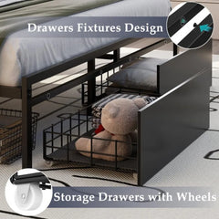 Bed Frame with 2 Storage Drawers & Headboard, Charging Station, Smart LED Lights, Luxury Double/Queen Bed, Man Cave Furniture