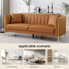 78'' Sofa, Modern White Couches for Living Room, Comfy, Faux Leather Sofa 3 Seater Sofa with 2 Throw Pillows and Gold Metal Legs