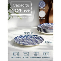 Ceramic Dinner Plates - 10.5 Inch Blue and White Salad Plates, Porcelain Large Serving Dishes Set for Assorted, Pasta, Steak