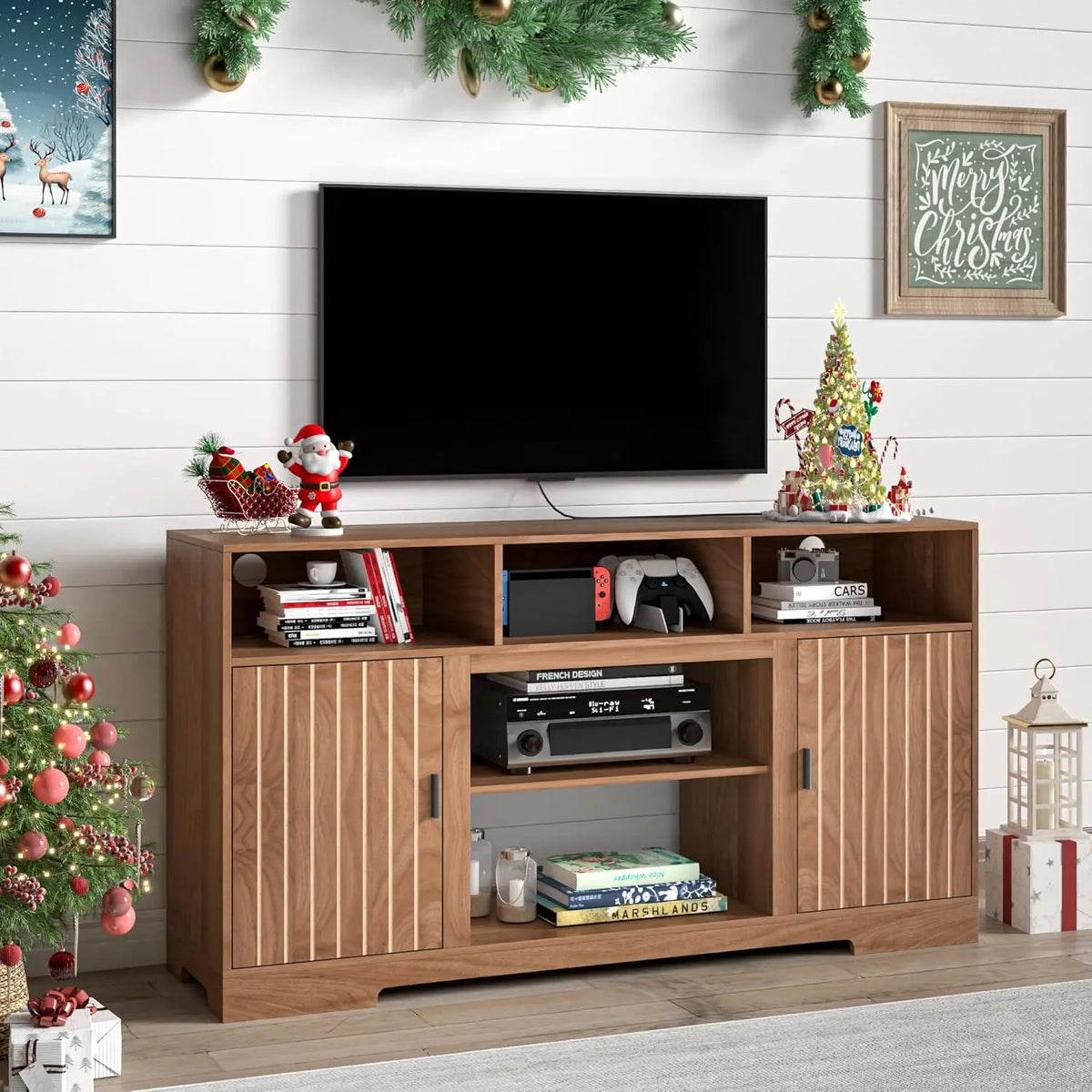 Fireplace TV Stand for 65 Inch TV Entertainment Center with Electric Fireplace Storage Modern Fluted TV Stands with Open Storage