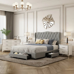 4-Pieces Bedroom Sets Queen Size Upholstered Bed with 3 Drawers,Mirrored Nightstands and Dresser with Metal handles and Legs.