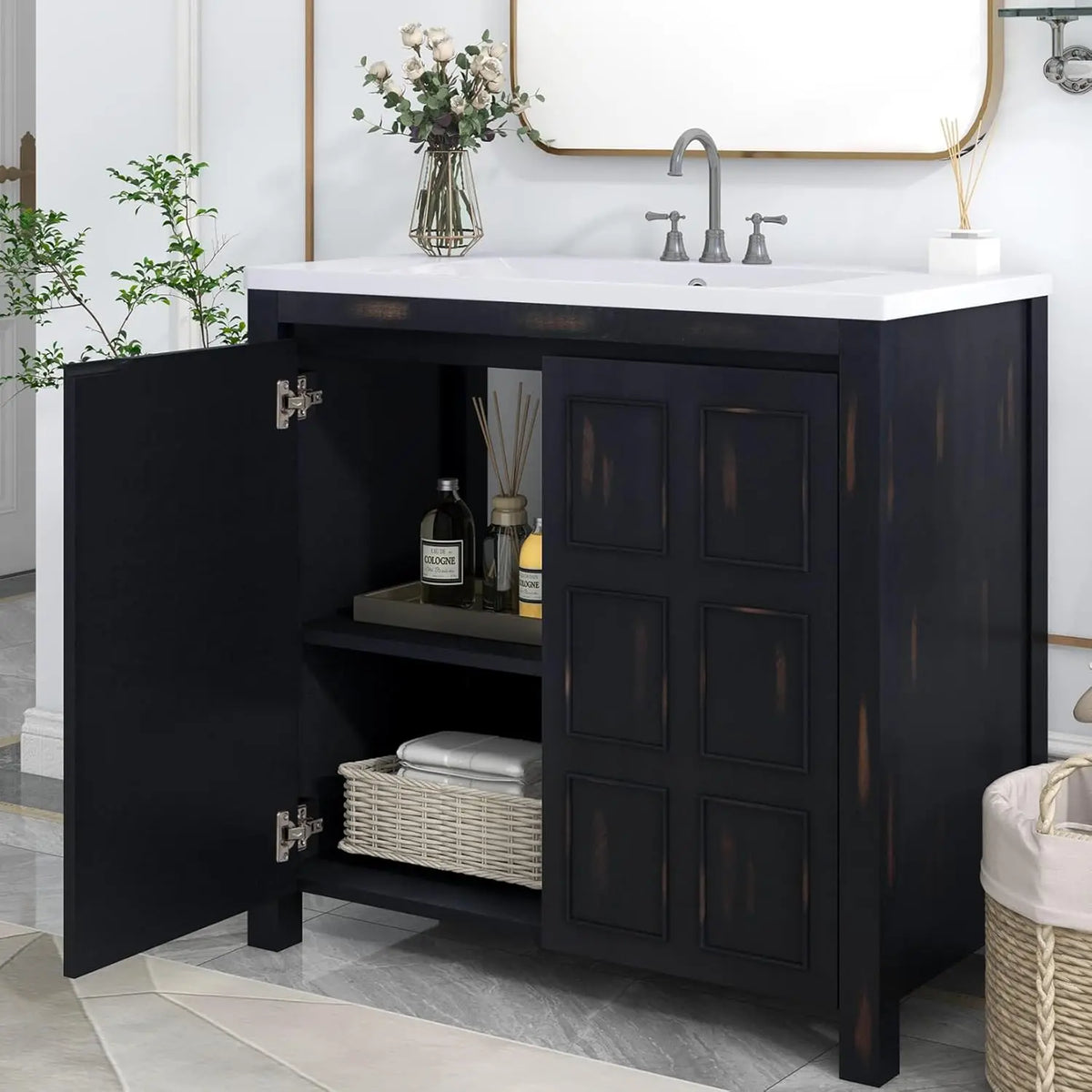 36 in Bathroom Vanity with Sink, 2 Doors and Adjustable Shelf, Wood Bathroom Sink Cabinet, Black