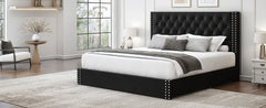 Queen Size Upholstered Bed Frame with Storage Velvet Platform Tufted Bed Frame with 4 Drawers and Headboard,  Black Bed