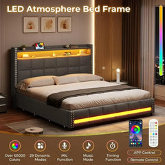 Full Bed Frame with Storage Headboard and 4 Drawers, Tufted Bed Frame with Charging Station and Led Lights，Led Bed Frame