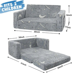 Kids Couch Toddler Chair Folding Extra Wide 2 in1 Glow in The Dark Fold Out Flip Open Kids Sofa Baby Convertible Sofa to Lounger