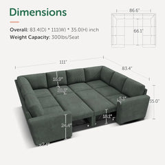 Modular Sectional Sleeper Sofa Bed, Corduroy Pull Out Couch with Storage Ottoman, U Shaped Sectional Couches for Living Room