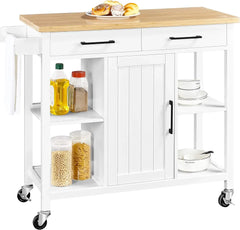 Kitchen Island Cart with Bamboo Countertop, Rolling Kitchen Storage Trolley with 2 Drawers and Adjustable Shelves, Compartment