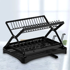 2-Tier Kitchen Counter Dish Drainer Storage Rack Collapsible Dish Bowl Rack Water Cup Organizer with 360° Retractable Drain