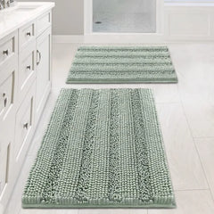 Sage Bathroom Rugs, Bath Mat Set of 2 Extra Thick Chenille Striped Pattern Shaggy Bath Rugs for Bathroom