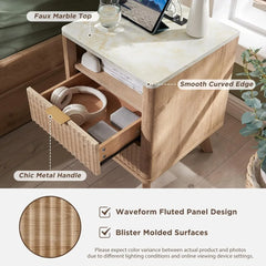 Groove Bedside Table with Charging Station, Artificial Marble Countertop, 2 Drawer Side Tables with Storage Space