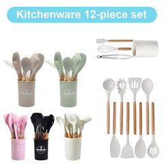 12Pcs Kitchen Utensil Set Silicone Spatula Set Wooden Handle Heat-Resistant Cookware Spatula Spoon Brush Whisk for Kitchen