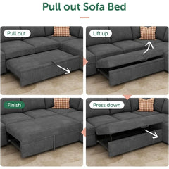 Modular Sectional Sleeper Sofa Bed, Corduroy Pull Out Couch with Storage Ottoman, U Shaped Sectional Couches for Living Room