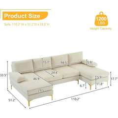 Modern U Shaped Sectional Sofa for Living Room, 110-Inch 6 Seat Large Couch with Double Lounge Chaise for Small Space, Beige