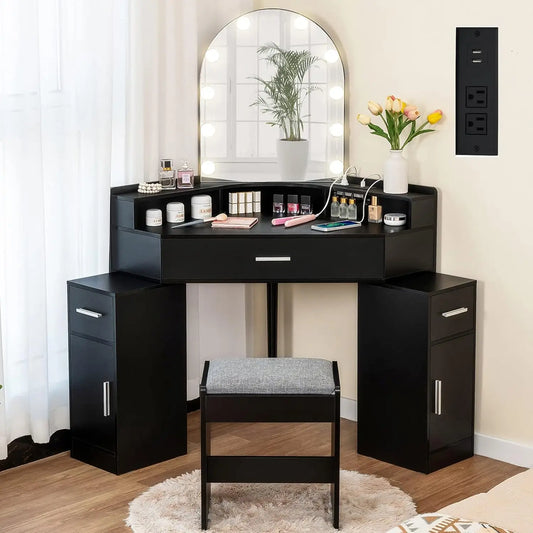 Corner Vanity Desk with Mirror and Lights, Makeup Vanity Table with Charging Station, 3 Drawers & Retractable Side Cabinets