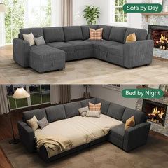 Modular Sectional Sleeper Sofa Bed, Corduroy Pull Out Couch with Storage Ottoman, U Shaped Sectional Couches for Living Room