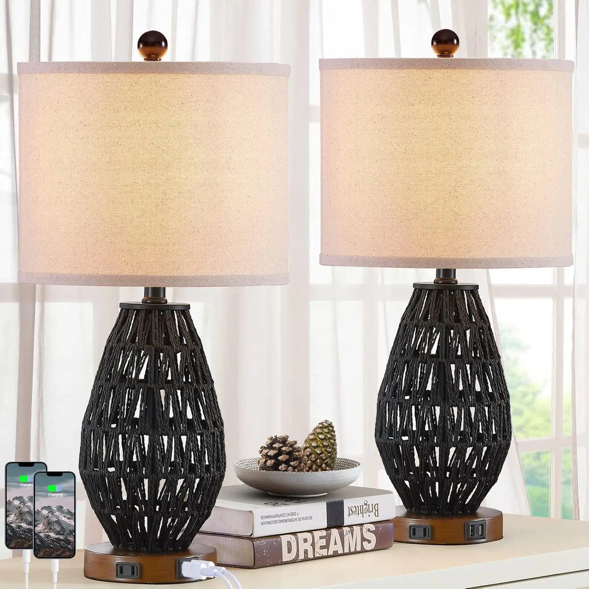 Touch Control Rattan Table Lamps, 3 Way  Bedside Lamps for Bedroom Set of 2 with 2 USB Ports and AC Outlet, Wicker