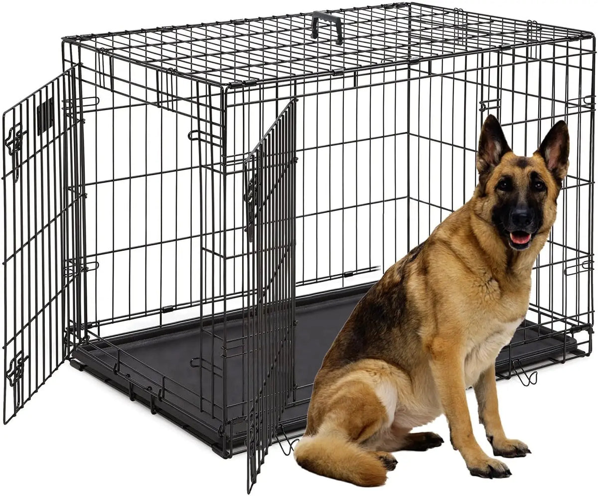 48-Inch Double Door Folding Metal Dog Crate with Divider and Leak-Proof Pan - For Medium to Large Breed Dogs