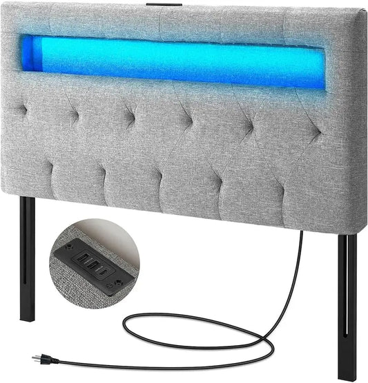 Headboard for Twin Size Bed with 60000 DIY Color of LED Light USB & Type C Post Attach Frame Height Adjustable