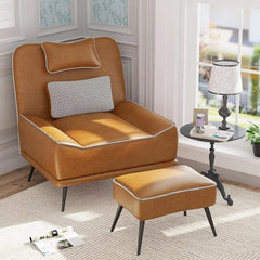 Accent Chair with Ottoman, Mid Century Modern Upholstered Faux Leather Chairs for Living Room Bedroom Lounge Chair