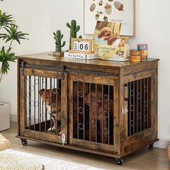 Dog Crate, End Table with Wheels and Flip Top Plate Dog House with Detachable Divider and Sliding Barn Door, Dog Crate