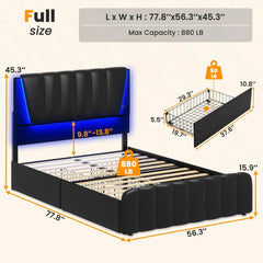 Full Size Bed Frame with Headboard, 4 Storage Drawers, LED Lights, USB Ports, Wooden Slats Support, No Box Spring Needed