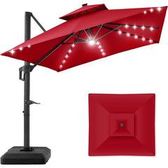 10x10ft 2-Tier Square Cantilever Patio Umbrella with Solar LED Lights, Offset Hanging Outdoor Sun Shade