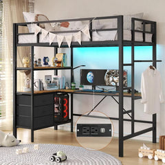 DIAC Twin Metal L-Shaped Desk, Lights,Charging Station LED Loft Bed Frame Size with 3 Storage Shelves an