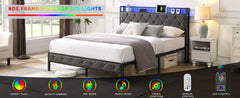 King Bed Frame with Storage Headboard, Charging Station and LED Lights, Upholstered Platform Bed with Metal Slats, Noise Free