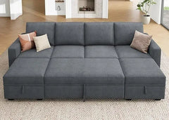 Modular Sectional Sleeper Sofa Bed, Corduroy Pull Out Couch with Storage Ottoman, U Shaped Sectional Couches for Living Room