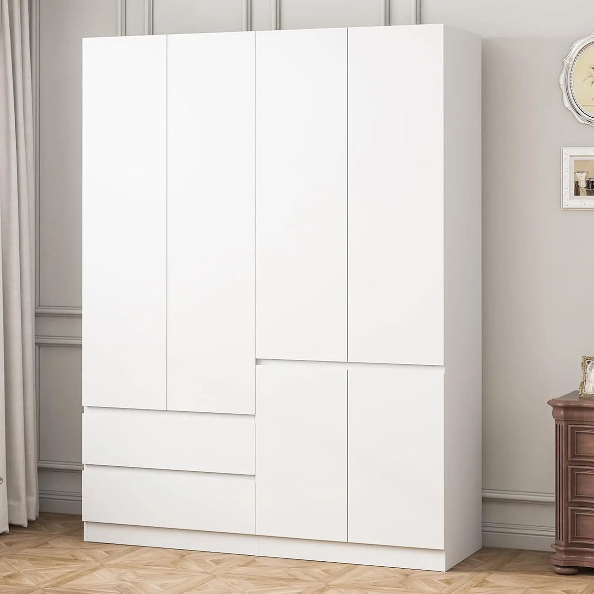 2 Door Armoire Wardrobe Closet with 2 Drawers, Armoires and Wardrobe with Hanging Rod, Wooden Armoire Wardrobe for Bedroom