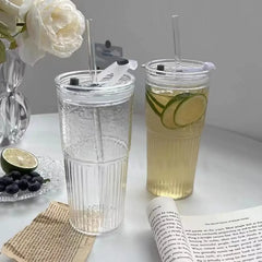 600ml Stripe Glass Cup Transparent Glasses With Lid and Straw Drinking Glasses Coffee Mug Juice Milk Tea Water Cups Drinkware