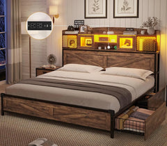 Farmhouse LED Queen Size Bed Frame with Tall Storage Headboard & 4 Drawers