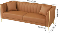 78'' Sofa, Modern White Couches for Living Room, Comfy, Faux Leather Sofa 3 Seater Sofa with 2 Throw Pillows and Gold Metal Legs