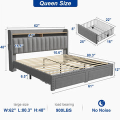 King size bed frame with storage space and headboard, king size bed frame with 2 drawers, noiseless and no need for a spring box