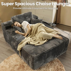 48.43" Chaise Lounge Chair Indoor, Plush Upholstered Sofa Bed with 2 Throw Pillows Comfy Oversize Reclining Sleeper Couch Black