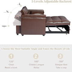 Convertible Sofa Bed, 3-in-1 Multi-Functional Faux Leather Sleeper Couch Pull-Out Bed, 48'' Loveseat Bed Chaise Lounge with Adju