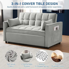 3-in-1 2-Seater Loveseat Pull Out Couch Reclining Backrest,Toss Pillows Pockets-Perfect for Small Spaces Velvet Sleeper Sofa Bed