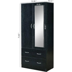 2 Door Wood Wardrobe Bedroom Closet with Clothing Rod inside Cabinet, 2 Drawers for Storage and Mirror, White