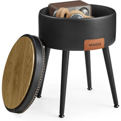 Storage Ottoman, Vanity Chair Stool, Synthetic Leather with Stitching, Mid-Century Modern, Round Storage Seat with Steel Legs